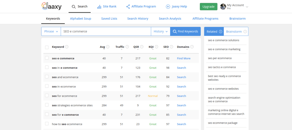 A keyword research for seo done on Jaaxy
