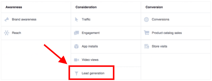 select the "Lead Generation" campaign goal