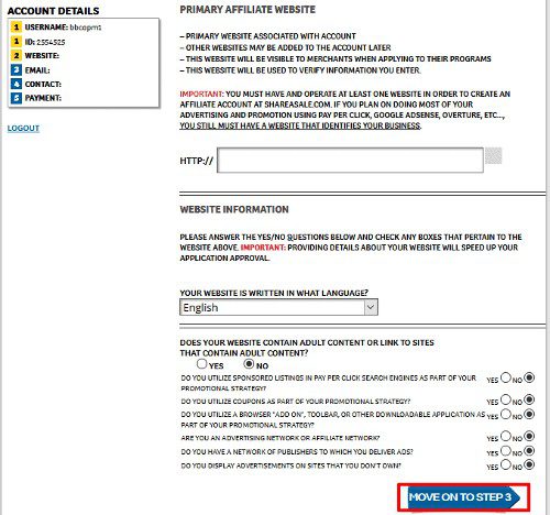 fill the information about your website for shareasale affiliate program