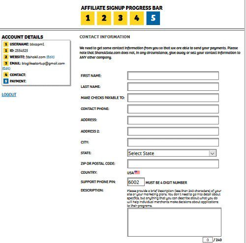 enter your contact details in shareasale affiliate program